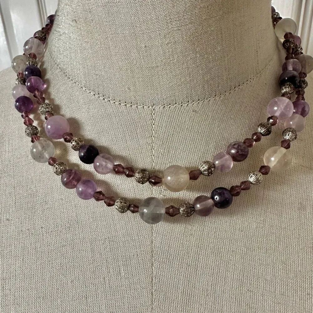 Vintage Amethyst & Rose Quartz Long Beaded Necklace